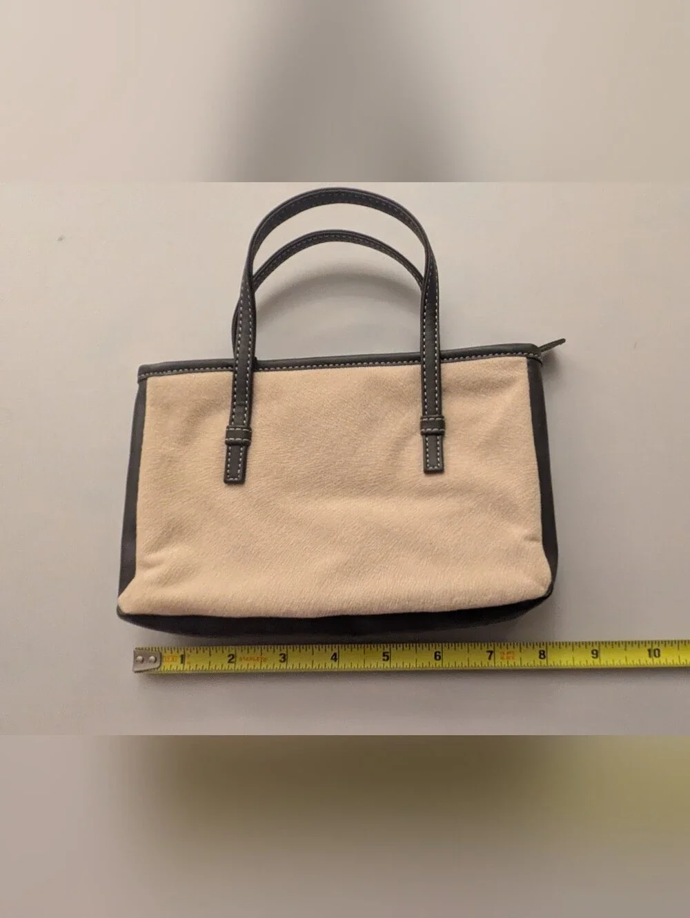 Lancome Beige Brushed Felt Brown Leather Trim Lined Zippered Clutch Tote 8.5